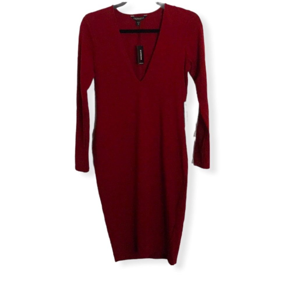 Express Long Sleeve V-Neck Bodycon Dress in Burgundy